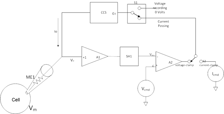 Schema del circuito di un tipico sistema di voltage-clamp a singolo elettrodo discontinuo.