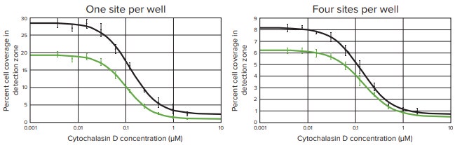 Cytochalasin D displays a dose-dependent inhibition on cell migration in both transmitted light and CellTracker Green stained images from 384-well plates